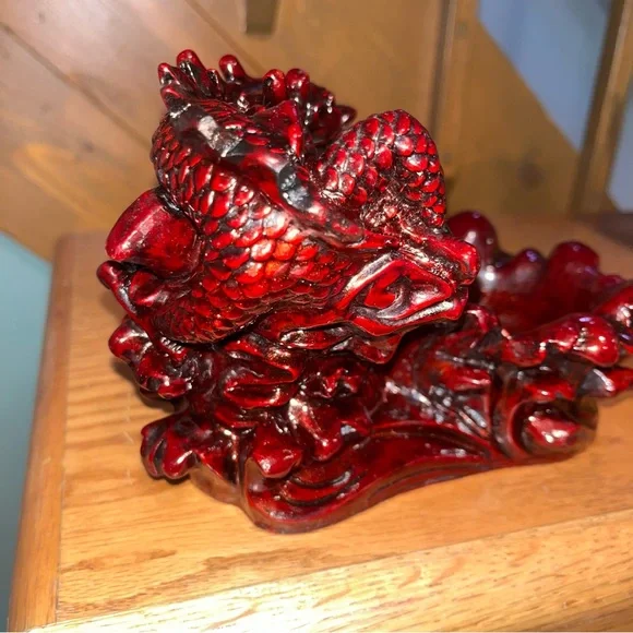 Vintage Chinese Red Lacquer Resin Dragon Holder Candle, Trinket, Ashtray Coins - Picture 4 of 10